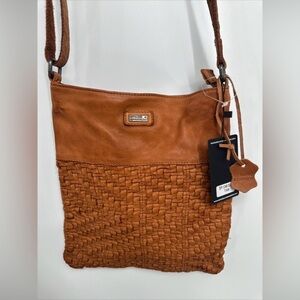 Spikes & Sparrow Woven Distressed Leather Chestnut Brown Crossbody Purse Bag